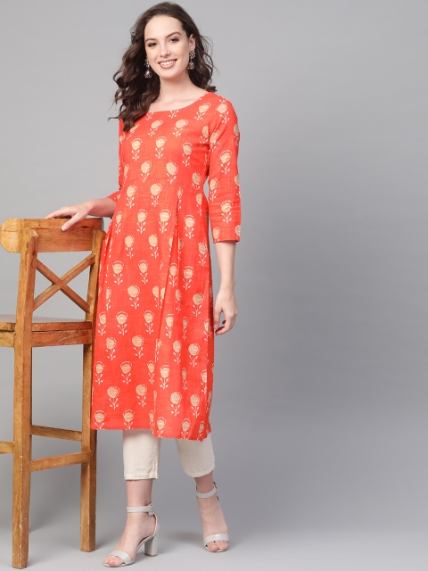 

AHIKA Women Orange & Beige Printed A-Line Kurta