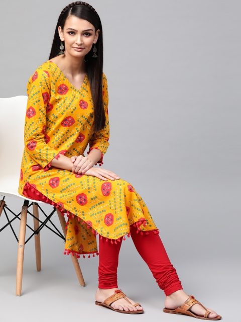 

AHIKA Women Mustard Yellow & Red Bandhani Print Straight Kurta