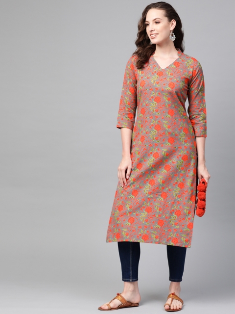 

AHIKA Women Charcoal Grey & Orange Printed Straight Kurta