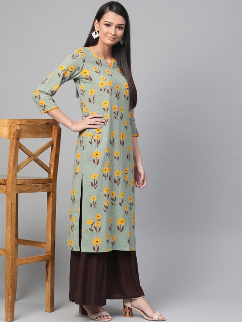 

AHIKA Women Green & Yellow Floral Print Straight Kurta