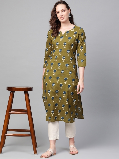 

AHIKA Women Olive Green & Navy Blue Printed Straight Kurta