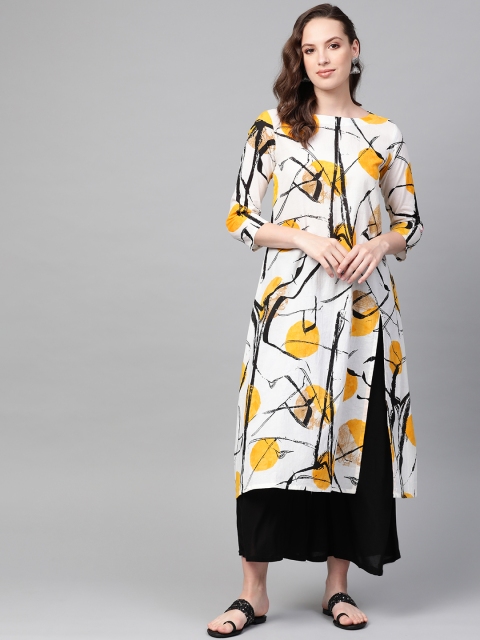 

AHIKA Women Off-White & Mustard Yellow Printed A-Line Kurta