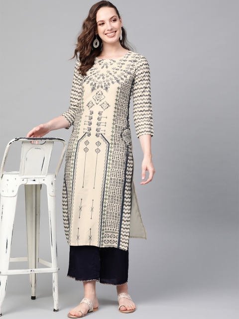 

AHIKA Women Cream-Coloured & Grey Printed Straight Kurta
