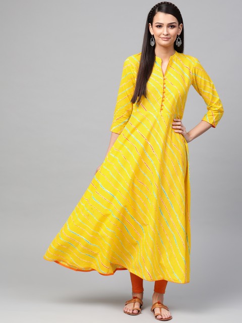 

AHIKA Women Yellow & Green Leheriya Print A-Line Kurta
