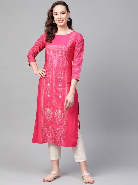 

AHIKA Women Pink & White Printed Straight Kurta