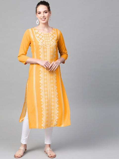 

AHIKA Women Yellow & White Printed Straight Kurta