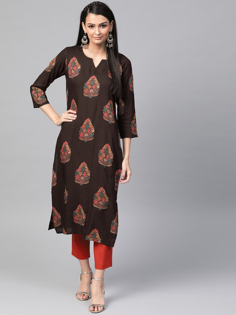 

AHIKA Women Coffee Brown & Yellow Printed Straight Kurta