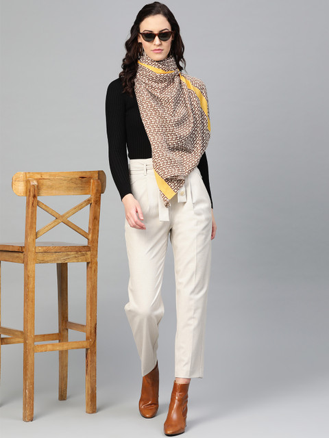 

SASSAFRAS Women Off-White & Brown Printed Stole