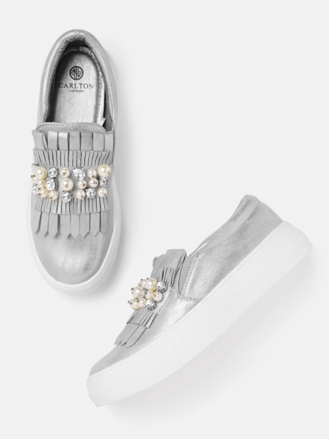 

Carlton London Women Silver-Toned Embellished Flatform Sneakers