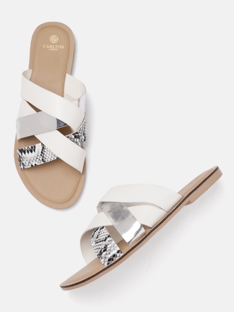 

Carlton London Women White & Black Snakeskin Textured Open Toe Flats
