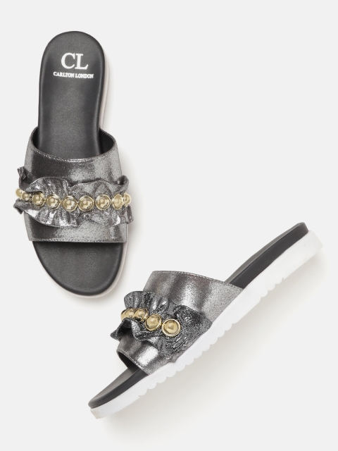 

Carlton London Women Gunmetal-Toned Beaded Open Toe Flats, Metallic