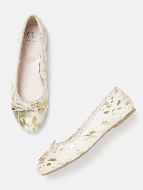 

Carlton London Women Off-White & Gold-Toned Printed Leather Ballerinas