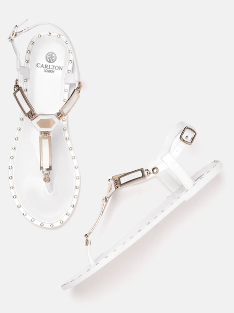 

Carlton London Women White & Gold-Toned Embellished T-Strap Flats