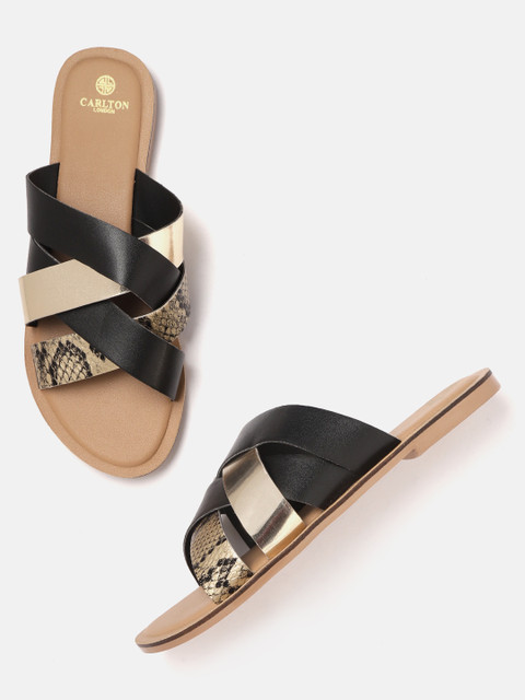 

Carlton London Women Black & Gold-Toned Snakeskin Textured Open Toe Flats