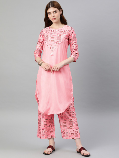 

ZIYAA Women Pink Printed Yoke Design Straight Kurta with Palazzos