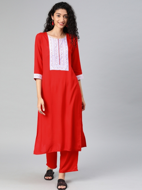 

ZIYAA Women Red & White Solid Straight Kurta with Palazzo