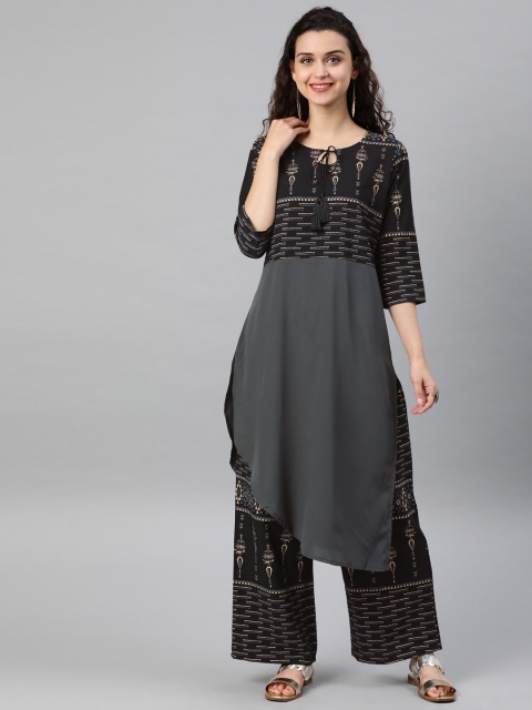 

ZIYAA Women Charcoal Grey Printed Kurta with Palazzos
