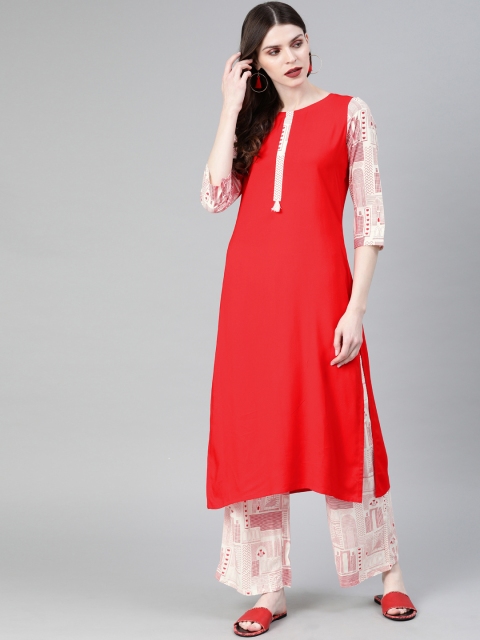 

ZIYAA Women Red & Off-White Printed Kurta with Palazzos