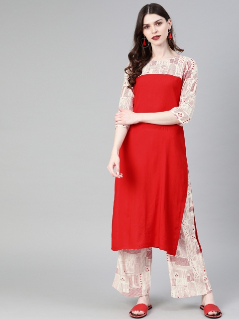 

ZIYAA Women Red & White Printed Straight Kurta with Palazzo