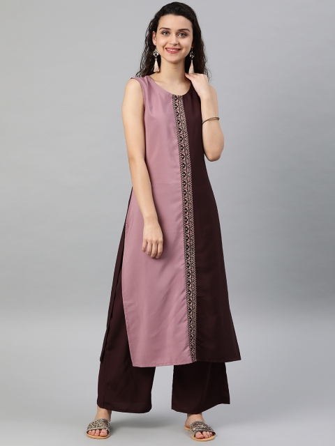 

ZIYAA Women Brown & Mauve Colourblocked Straight Kurta with Palazzo