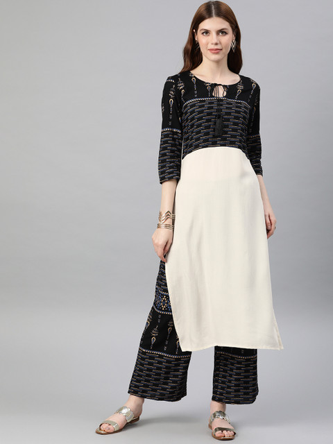 

ZIYAA Women Black & White Printed Kurta with Palazzos