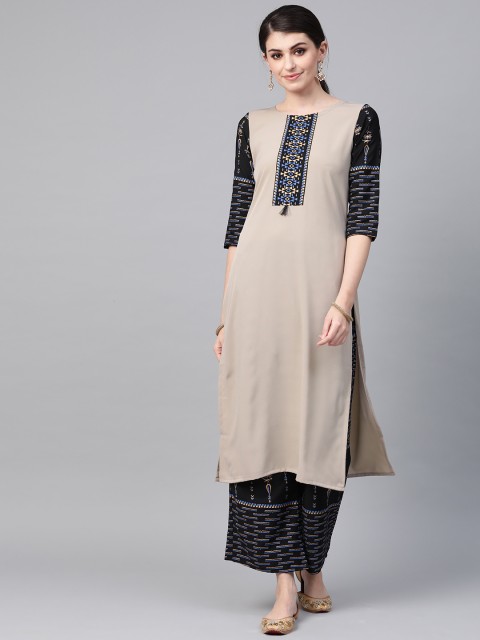 

ZIYAA Women Taupe & Black Solid Kurta with Palazzos