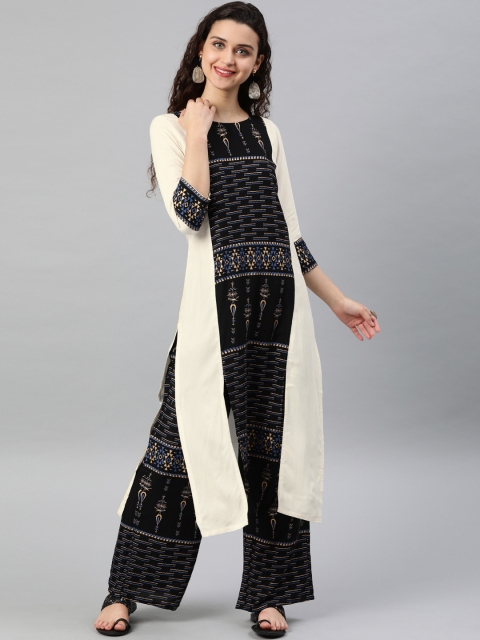 

ZIYAA Women Off-White & Black Printed Kurta with Palazzos