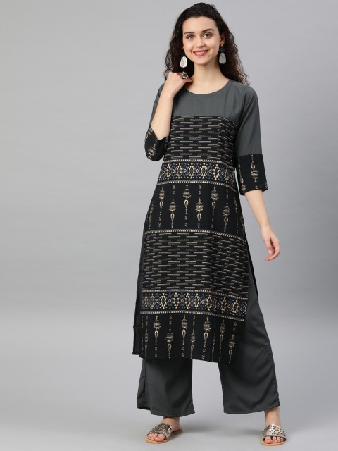 

ZIYAA Women Charcoal Grey Printed Kurta with Palazzos