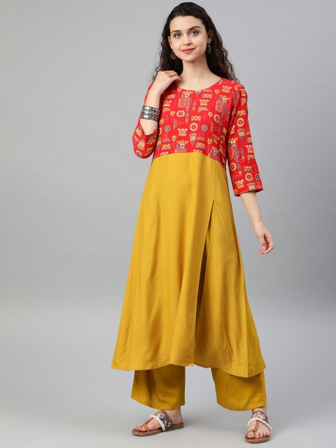 

ZIYAA Women Mustard Yellow & Red Printed A-LIne Kurta with Pallazo