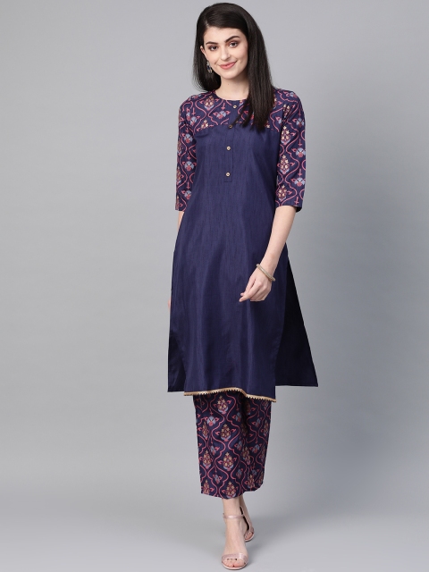 

ZIYAA Women Navy Blue & Pink Khari Print Kurta with Palazzos