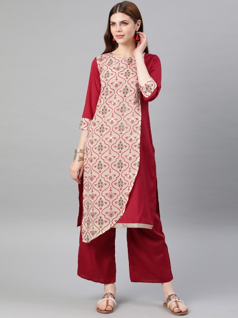 

ZIYAA Women Red & Off-White Printed Kurta with Palazzos