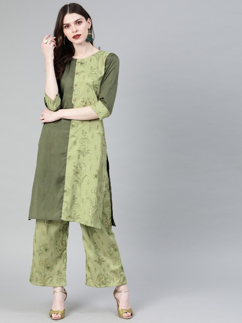 

ZIYAA Women Green Printed Straight Kurta with Palazzo