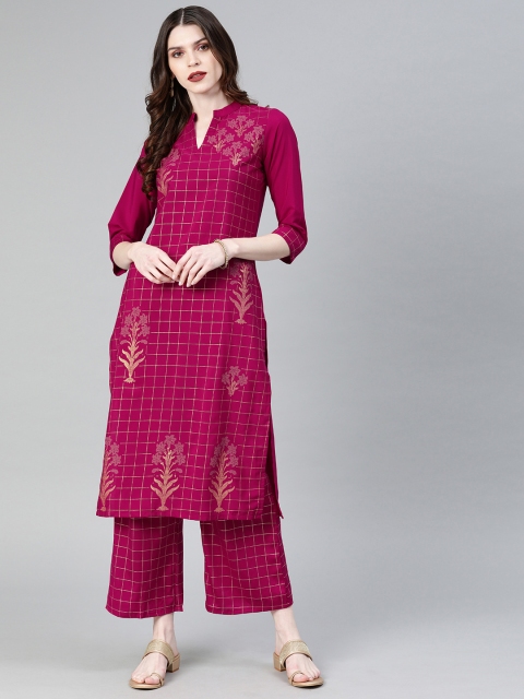 

ZIYAA Women Maroon Checked Straight Kurta with Palazzo