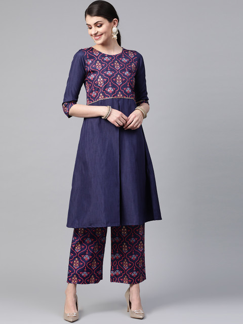 

ZIYAA Women Navy Blue & Pink Yoke Design Kurta with Palazzos
