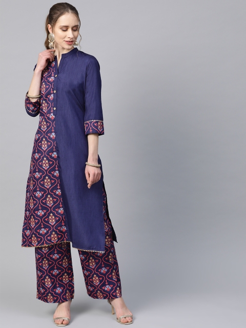 

ZIYAA Women Navy Blue & Coral Pink Khari Printed Kurta with Palazzos