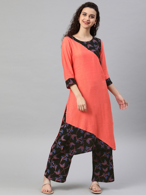 

ZIYAA Women Peach-Coloured & Black Printed Kurta with Palazzos