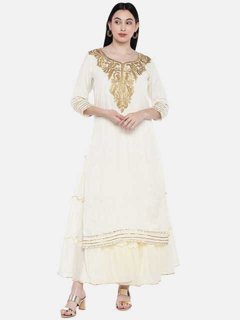 

Sringam Women Off-White & Gold-Coloured Embroidered Kurta with Skirt