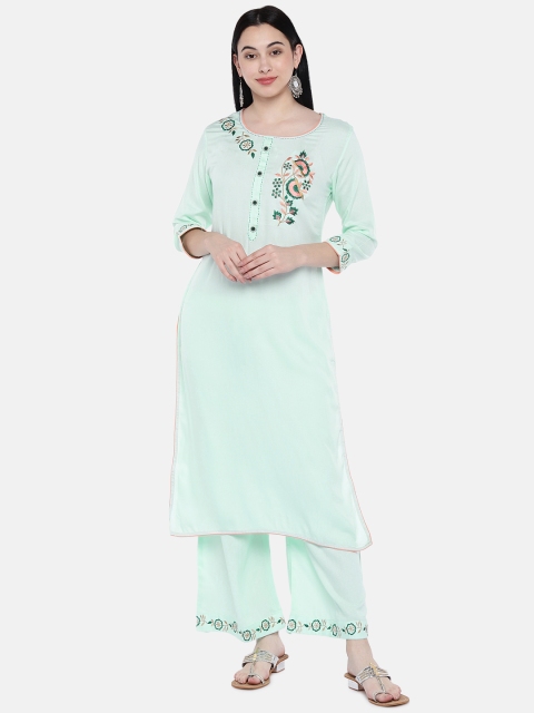 

Sringam Women Sea Green Embroidered Kurta with Palazzos