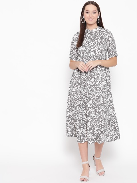 

Raano Women White & Grey Printed A-Line Dress
