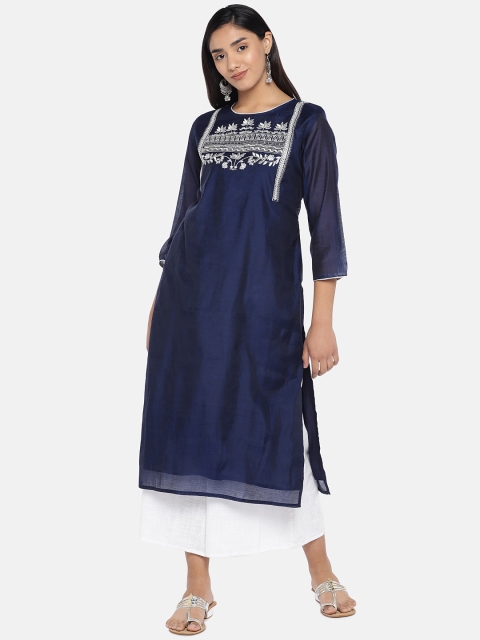 

Teal19 Women Navy Blue & White Yoke Design Straight Kurta