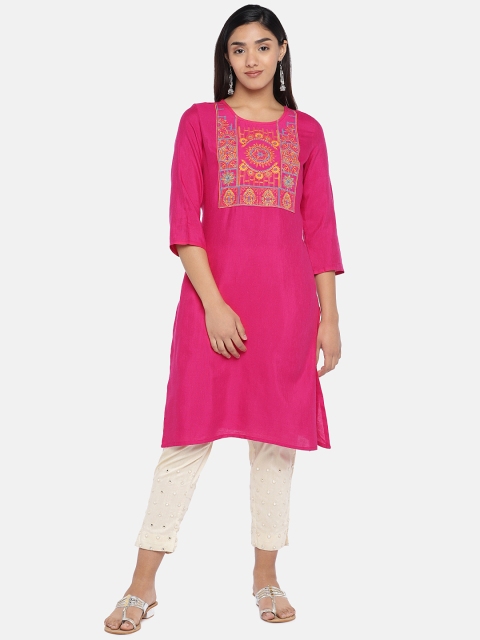 

Teal19 Women Pink Embroidered Straight Kurta