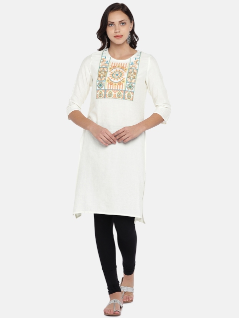 

Teal19 Women White Embroidered Straight Kurta