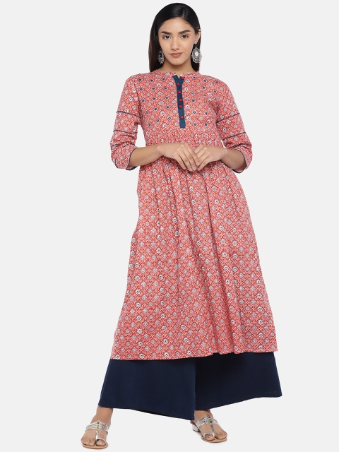 

Teal19 Women Rust Red & Blue Printed A-Line Kurta