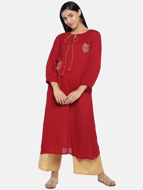 

Teal19 Women Red Solid Straight Kurta