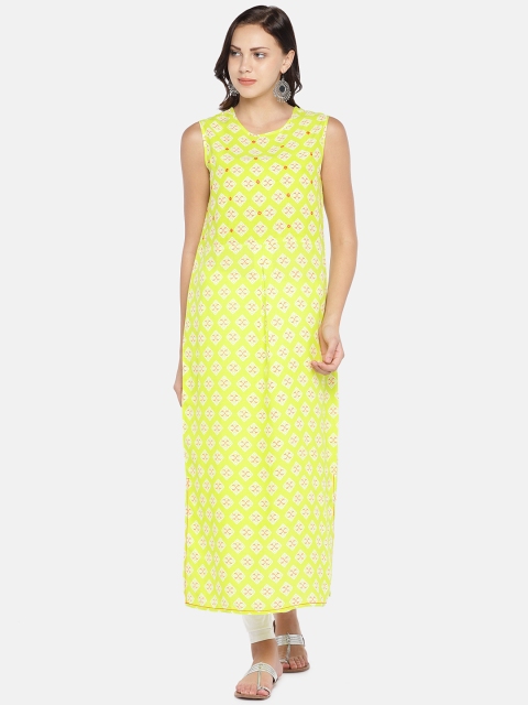 

Teal19 Women Lime Green & Orange Printed Straight Kurta