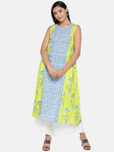 

Teal19 Women Lime Green & Blue Printed A-Line Kurta