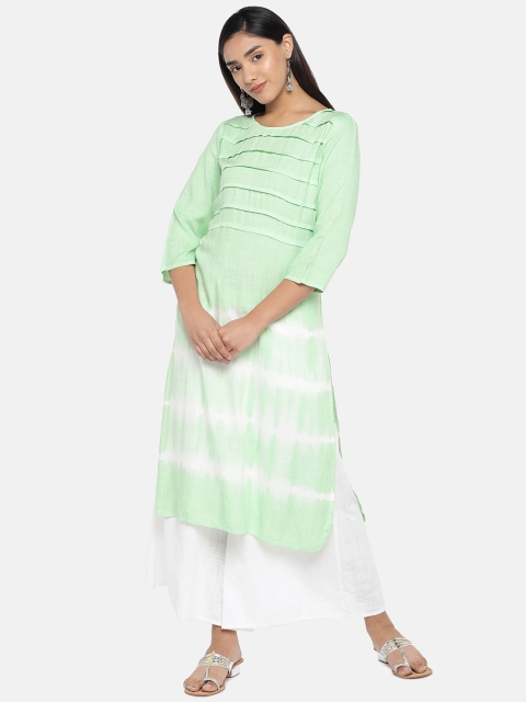 

Teal19 Women Green & White Striped Straight Kurta