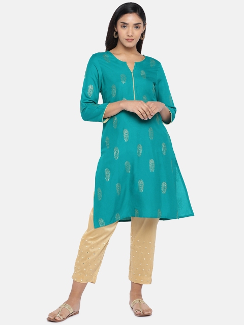 

Teal19 Women Teal Blue Printed Straight Kurta