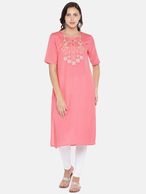 

Teal19 Women Pink Embroidered Straight Kurta