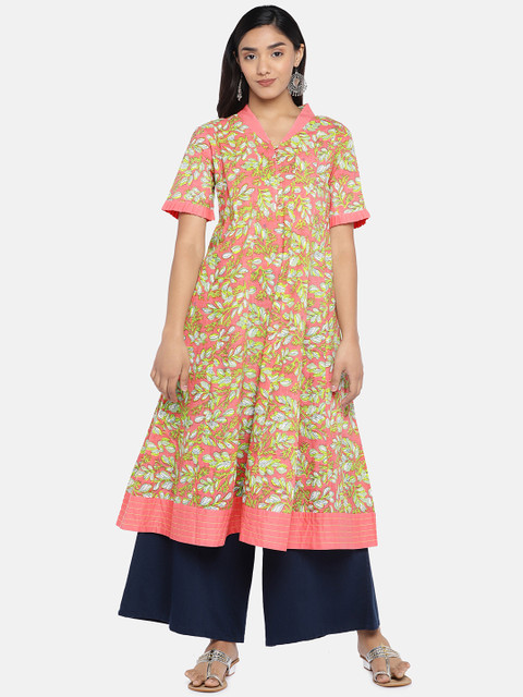 

Teal19 Women Pink & Yellow Floral Print A-Line Kurta
